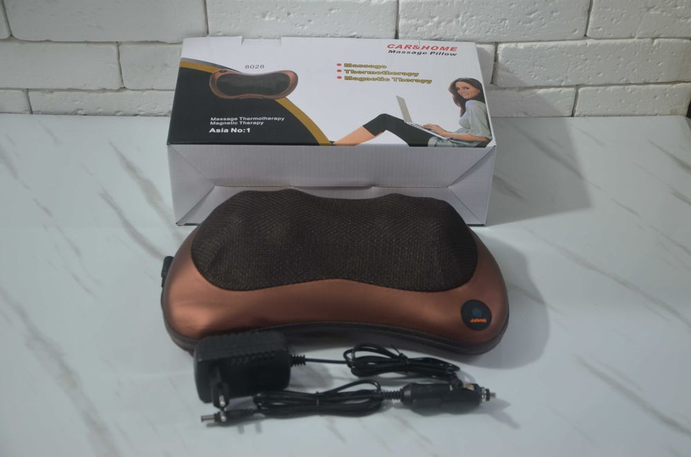 Масажна подушка Massage Pillow QY-8028 роликовий масажер для шиї та спини 8 роликів з підігрівом для дому й автоРоликовий массажер 8028