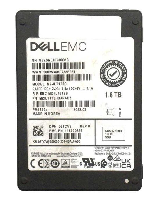 Dell 3TCV6  1.6TB Samsung MZ-ILT1T6C MZILT1T6HBJRAD3 PM1645a 12Gbps SFF MU SAS SSD ME5
