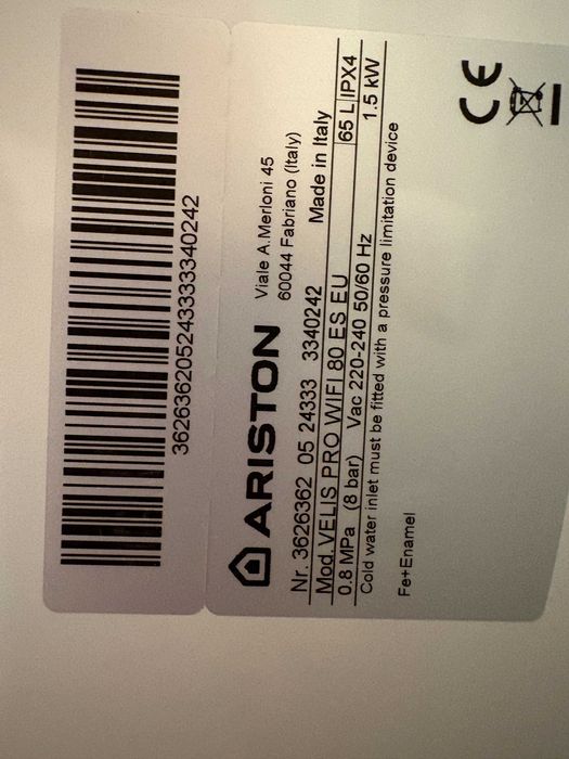 Novo termoacumulador Ariston Velis PRO WIFI 80 litros