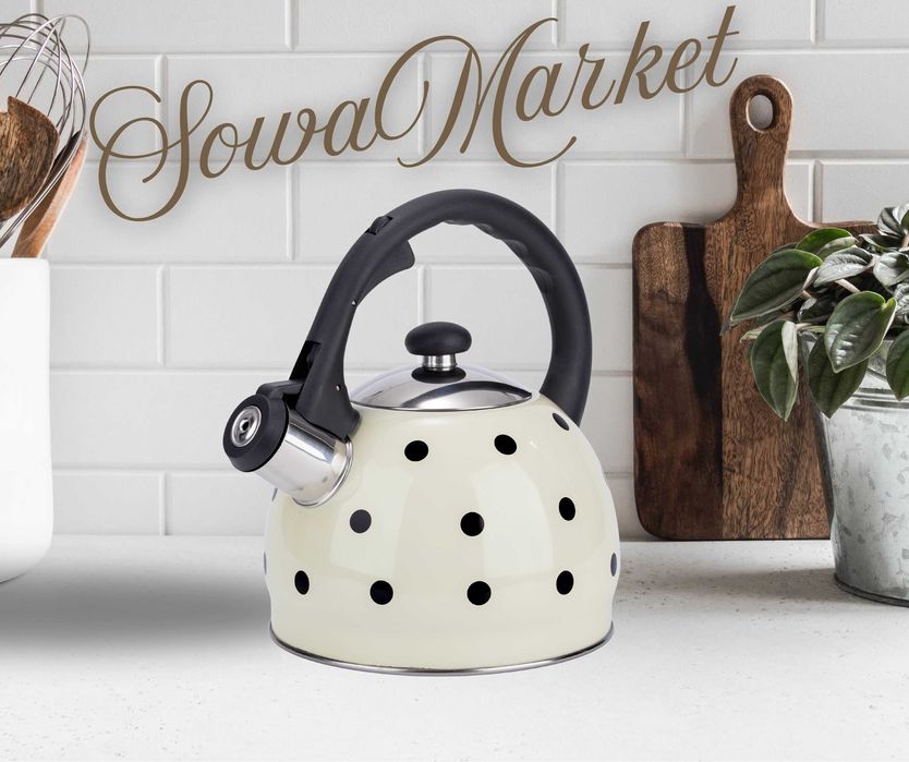 Czajnik 2L emaliowany kremowy w czarne kropki z gwizdkiem Elitehoff