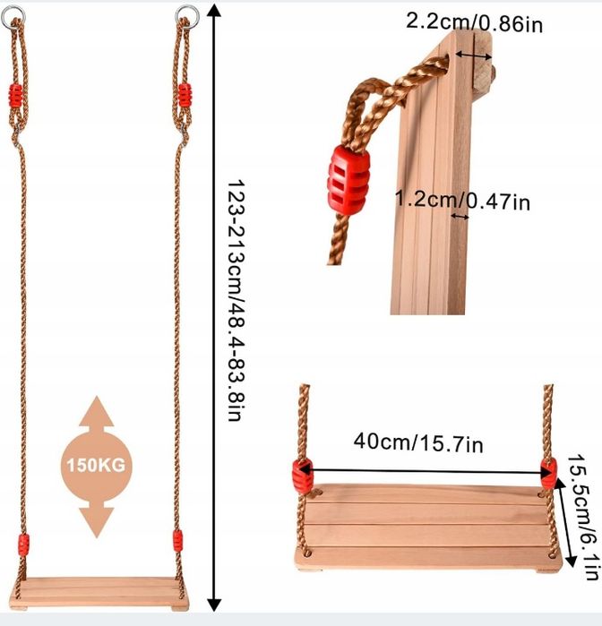 Drewniana huśtawka, Huśtawka ogrodowa do 150kg, Dla dzieci