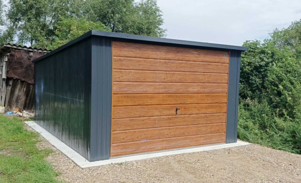 Garaż blaszany 3x5 Spad na tył Grafit + Złoty Dąb Montaż gratis