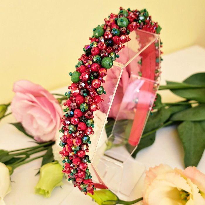 Обідок під вишиванку, сукню. Червоно-зелений обідок ручної роботи.