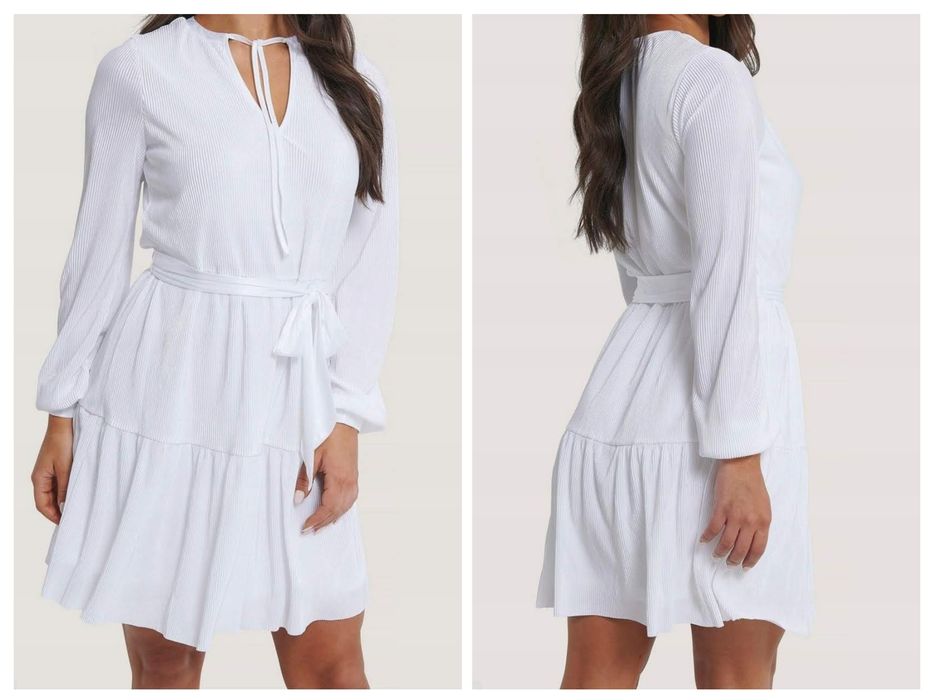 Biała plisowana sukienka z paseczkiem, M-L, impreza,  chrzest,komunia