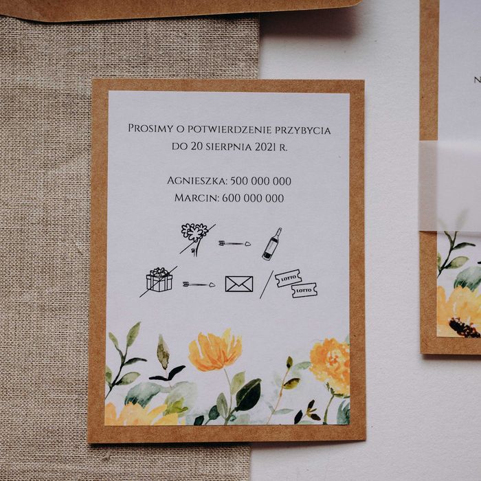 Zaproszenia ślubne rustykalne jednokartkowe SŁONECZNIKI AGNES