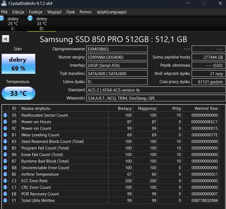 Dysk twardy SSD MZ-7KE512 Samsung 850 PRO 512GB SATA 2,5”
