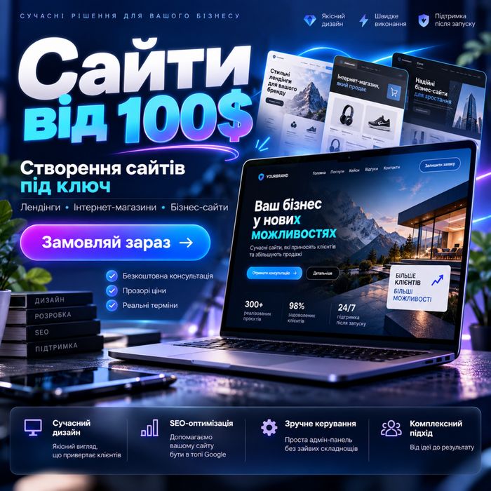 Розробка сайтів | зробимо сайт за 100$ і вище | в нас ви знайдете все ми родимо все під ключ | швидкі терміни виготовлення | довірте справу нам