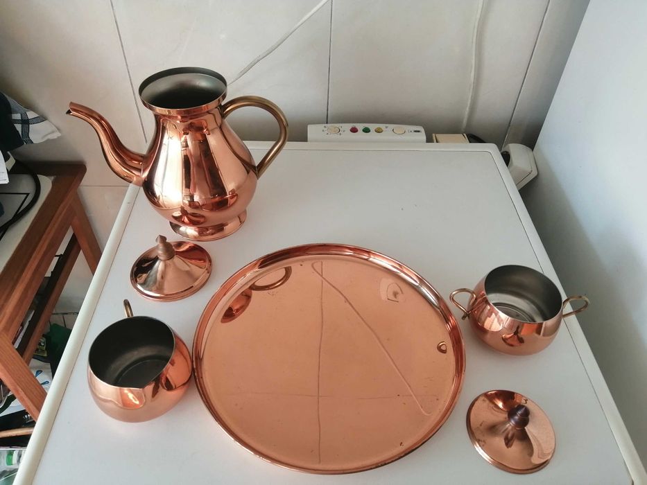 Conjunto de Serviço chá antigo de cobre e latão com bandeja