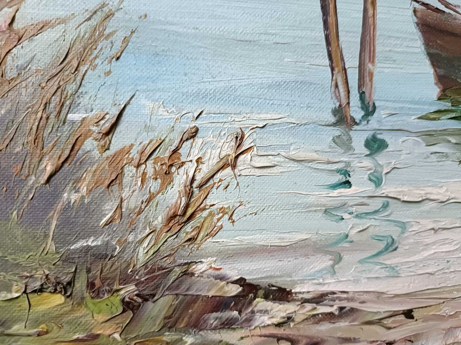 Obraz olejny na płótnie, pejzaż z łodzią