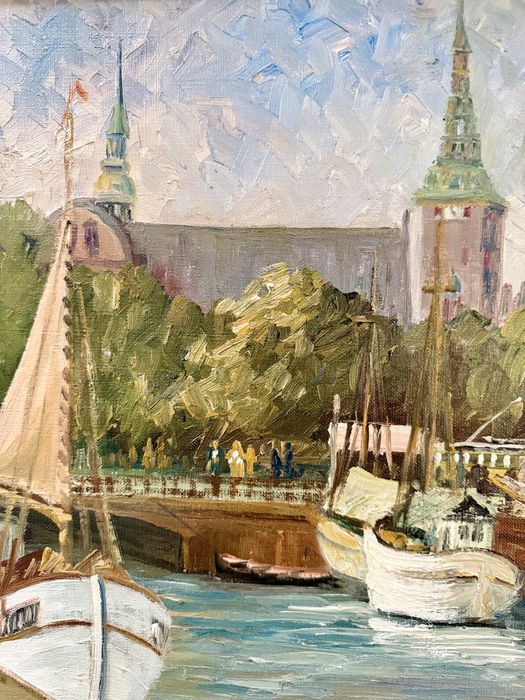 Piękny Obraz olejny Kopenhaga  Erik Landbech malarstwo marynistyczne