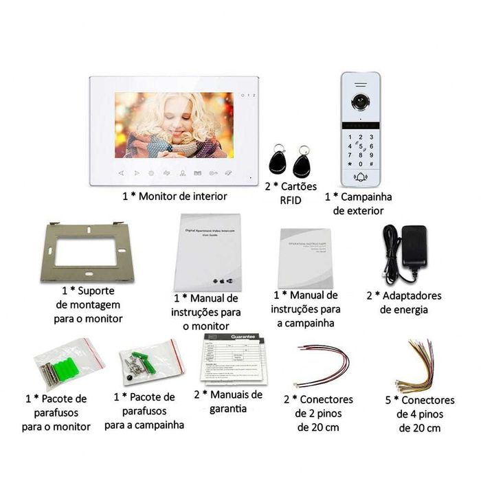 Vídeo Porteiro Tuya * S/ Fios * WiFi * Ecrã Tátil 7 Polegadas * Código