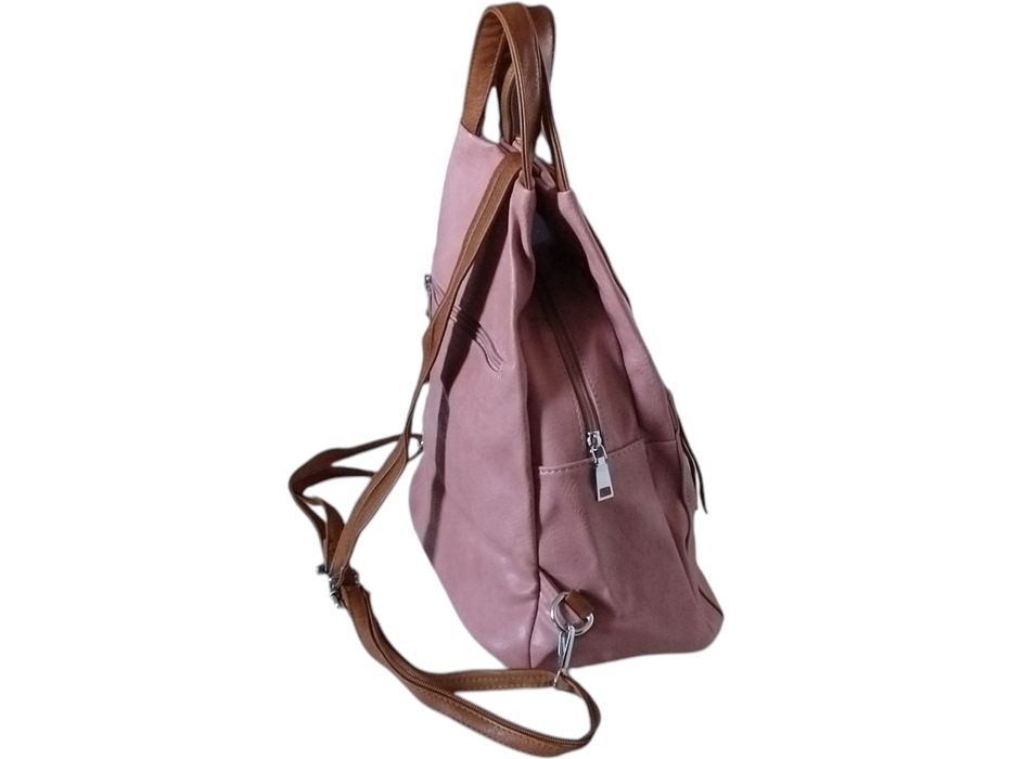 Modny Plecak Damski Worek na Ramię, 6 Kieszeni, Różowy, Ekoskóra