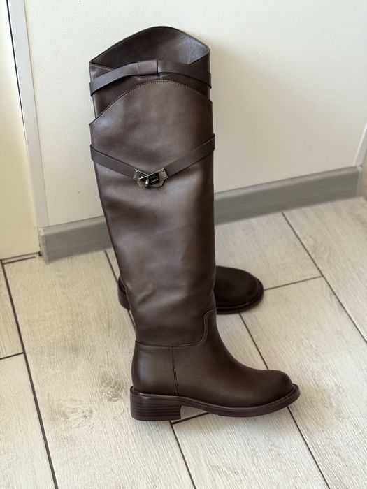 Шоколадні сапоги труби натуральна шкіра чоботи коричневі