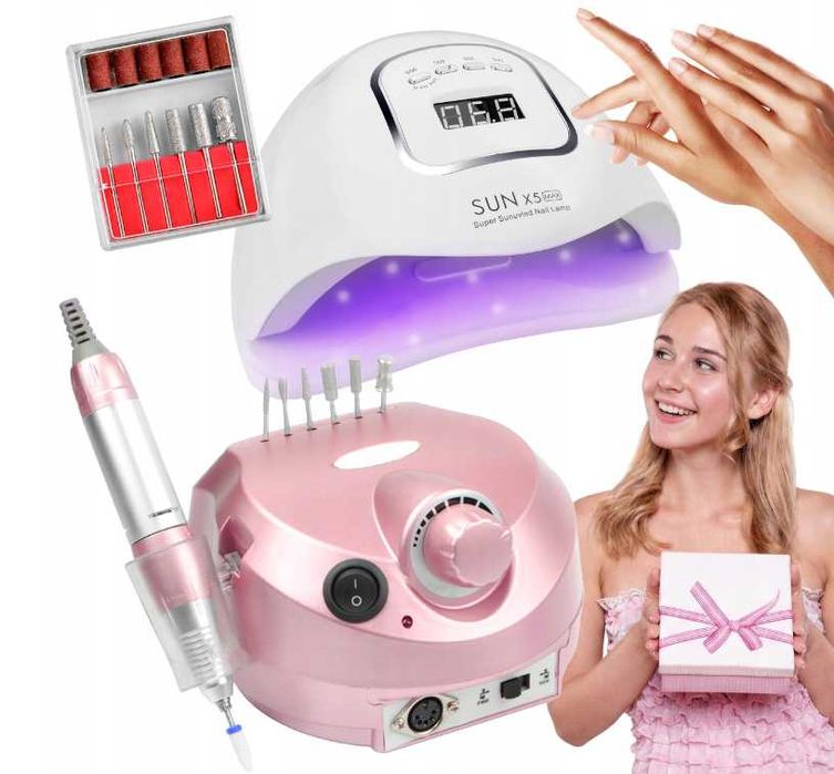 Zestaw do hybryd: Lampa UV LED 80W + Frezarka profesjonalna + Frezy