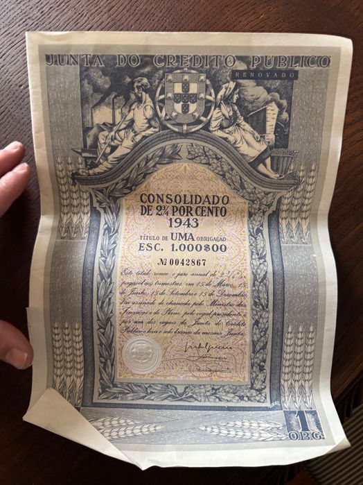 Título Dívida Portuguesa 1943 Junta Crédito (2¾%) – 1.000 Escudos