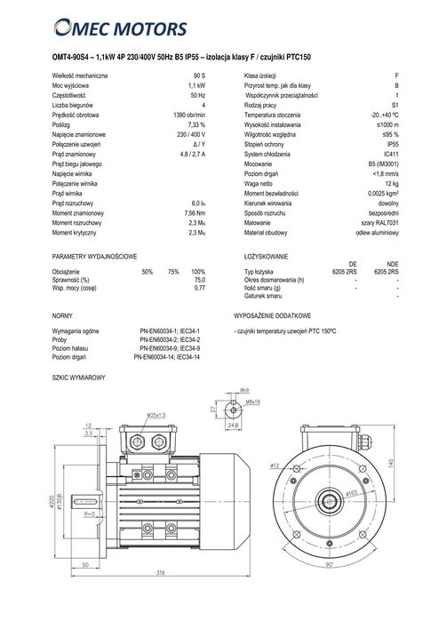 silnik elektryczny 1,1kW 1400obr. 3fazowy 90B5 OMT