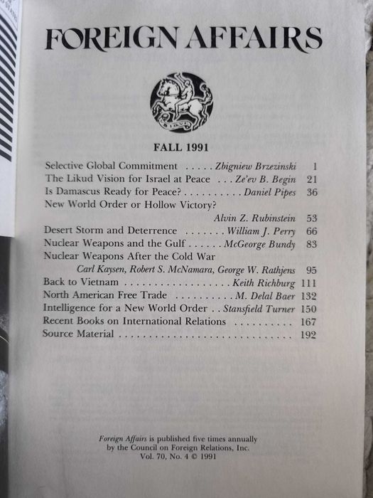 Revista "Foreign Affairs" Fall 1991 Volume 70, Number 4