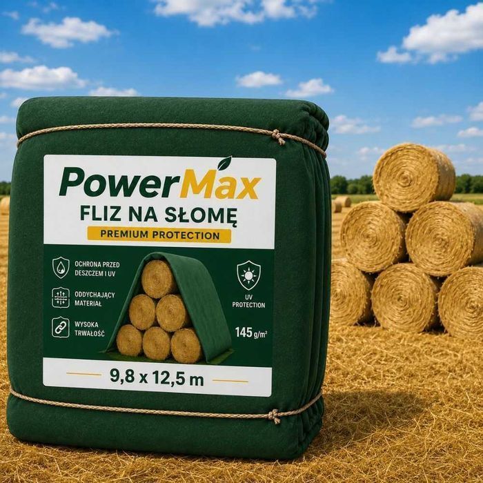 Fliz do słomy, fliz na siano i fliz do bel o wymiarach 9,8 x 12,5 m  i gramaturze 145 g/m². tym rozmiarem przykryjesz 60 belek 120cm