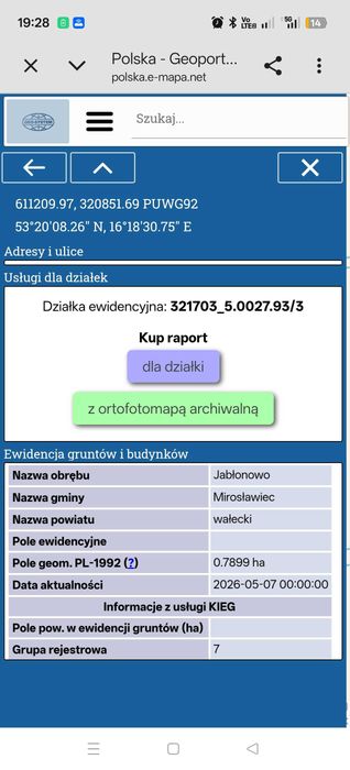 Działka rolna 0,72 ha Jabłonowo k. Mirosławca – klasa RIV, bez KOWR!