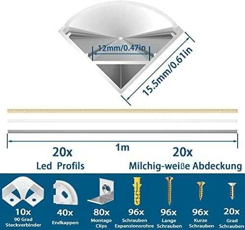 Perfil de Alumínio LED Chesbung 1M com Difusor Branco Creme | Canal para Fita LED com Tampas e Clips de Fixação | Kit 20 Peças