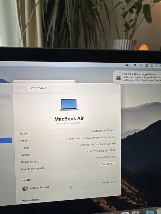 MacBook Air 2020 8/256 156 cykli bateria space gray Retina