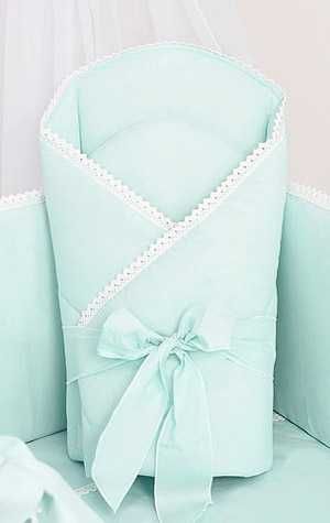 Rożek becik usztywniony wiązany KORONKA mięta