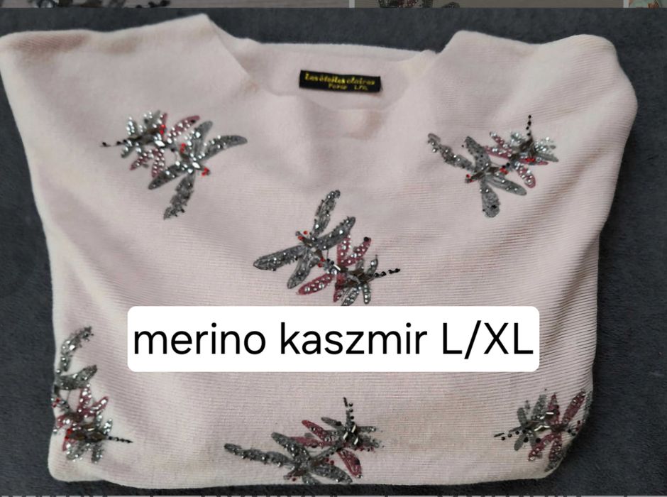 Sweter L/XL wełna merino,kaszmir ,krój nietoperz,ważki,