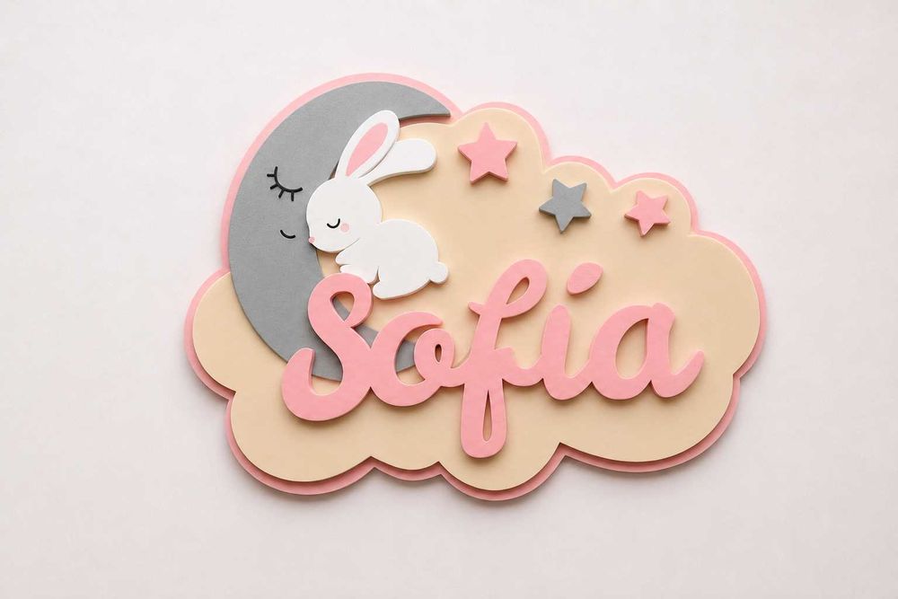 Placa Personalizada com Nome para Quarto de Bebé – Coelho e Lua 3D