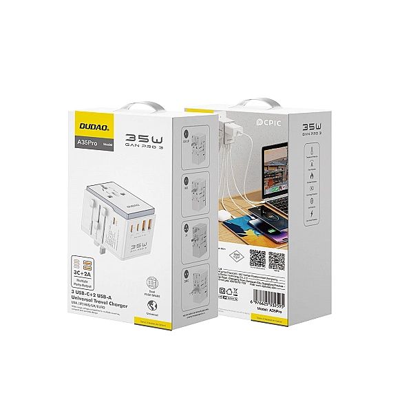 Adapter podróżny Dudao A35Pro 35W EU / UK / AUS / US / JP 3x USB-C 2x