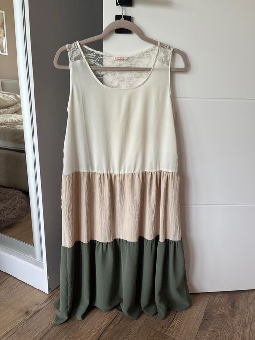 Camaieu sukienka letnia midi boho kolorowa ecru beż khaki koronka oversize casual summer dress