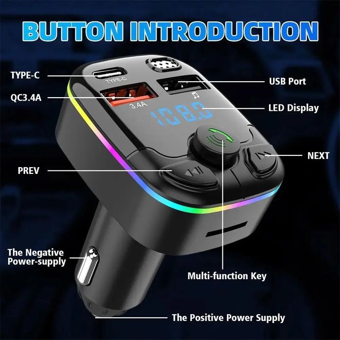 Transmiter FM szybka ładowarka Bluetooth audio MP3 BT 2X USB RGB USB-C