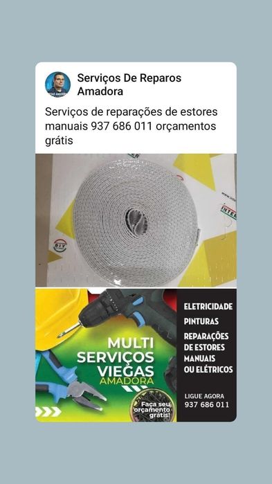 Serviços de reparações de estores manuais e outros serviços