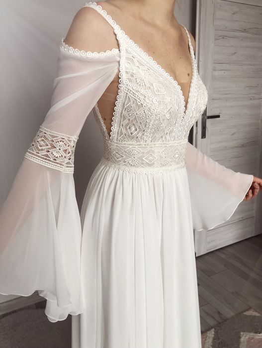 Nowa suknia ślubna Boho zwiewna muślinowy dół odpinane rękawy