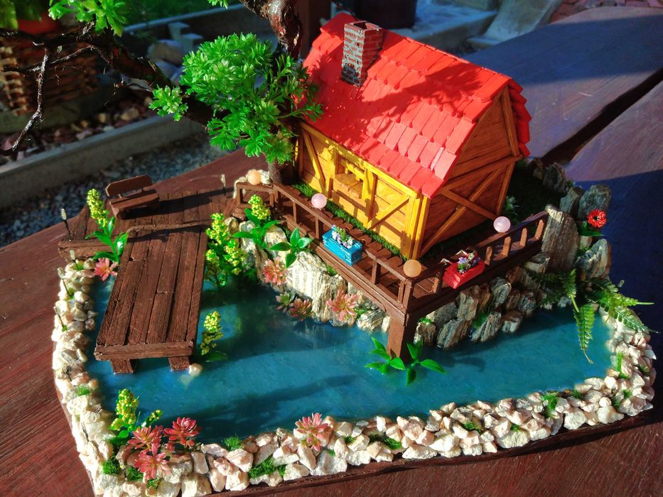 Rękodzieło Lampko-szkatułka "Domek nad stawem"