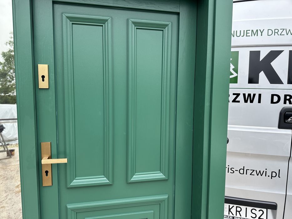 Drzwi wejściowe zewnętrzne drewniane Z doświetlem zielone Na wymiar