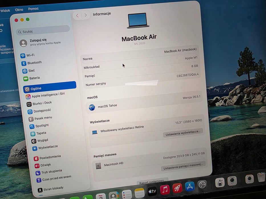 Macbook Air 13 2020/ Apple M1/ 8GB DDR4/ 256GB/ 409 cykli ładowania/ Grade B/ Space Gray/ technicznie OK/ GW 6 MSC