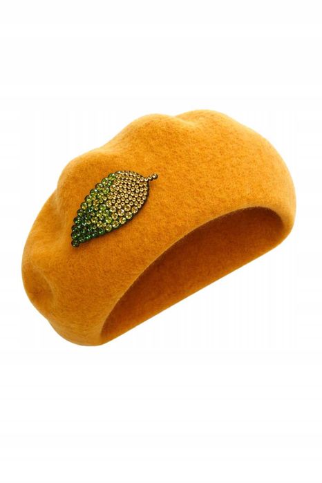 BELL BERRETTO 100% wełna żółty z liściem ozdoba damski beret