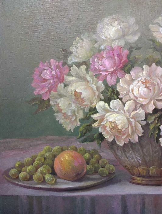 Картина маслом "Букет пионов и фрукты."