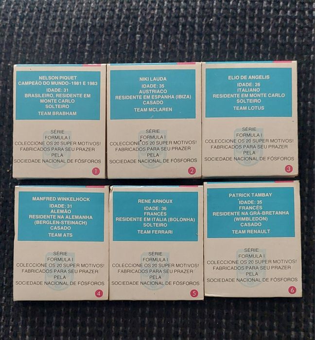 Colecção completa de caixas de fósforos (novas) sobre a Fórmula 1.