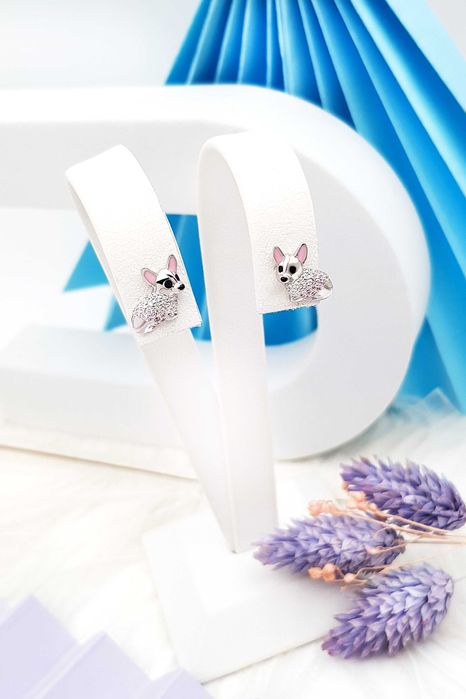 Srebrne kolczyki pieski corgi z cyrkoniami i emalią pr. 925