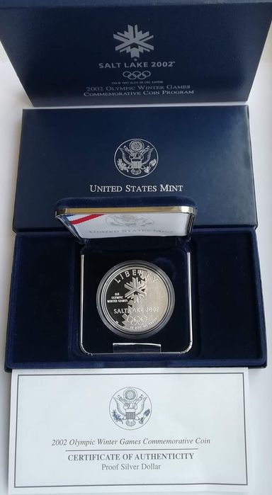 США 1 долар 2002р. СРІБЛО. ПРУФ. Сертифікат. Олімпіада. Футляр!
