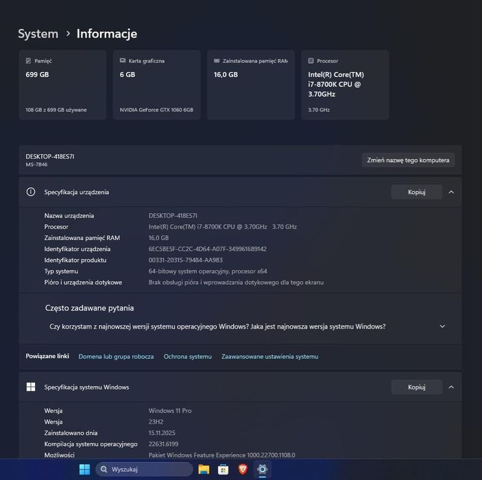 Komputer i7 8700k gtx 1060 16gb ram 750w hdd ssd 500gb