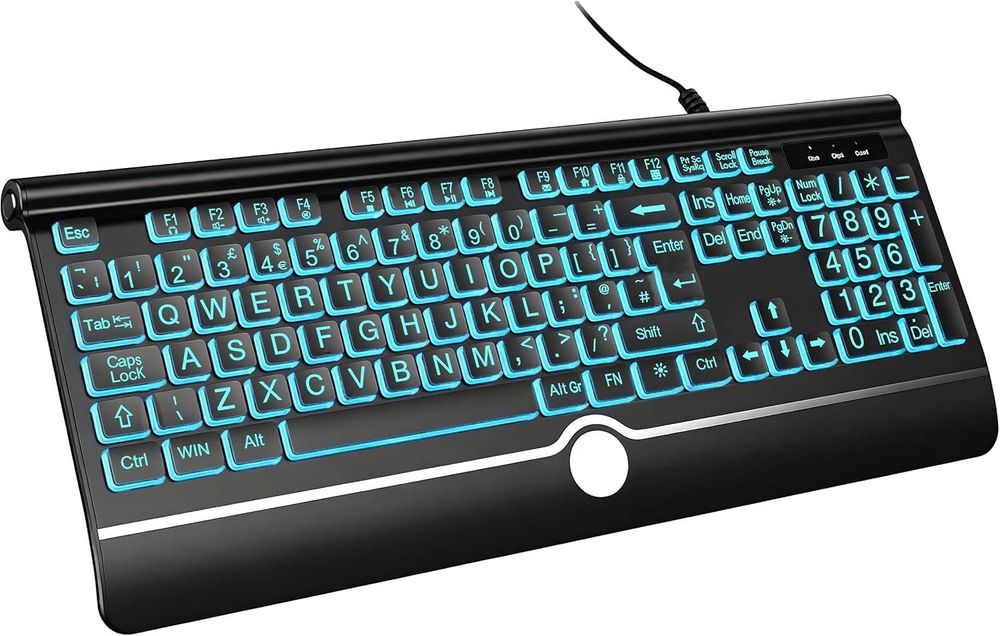 Klawiatura przewodowa USB-A z podświetleniem i dużymi znakami QWERTY 7 kolorów- 3 poziomy jasności,
