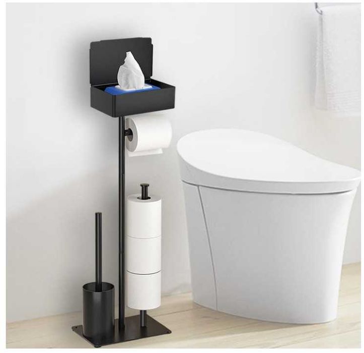 Stojak na papier toaletowy, stal nierdzewna, 4 w 1 + szczotka, czarny