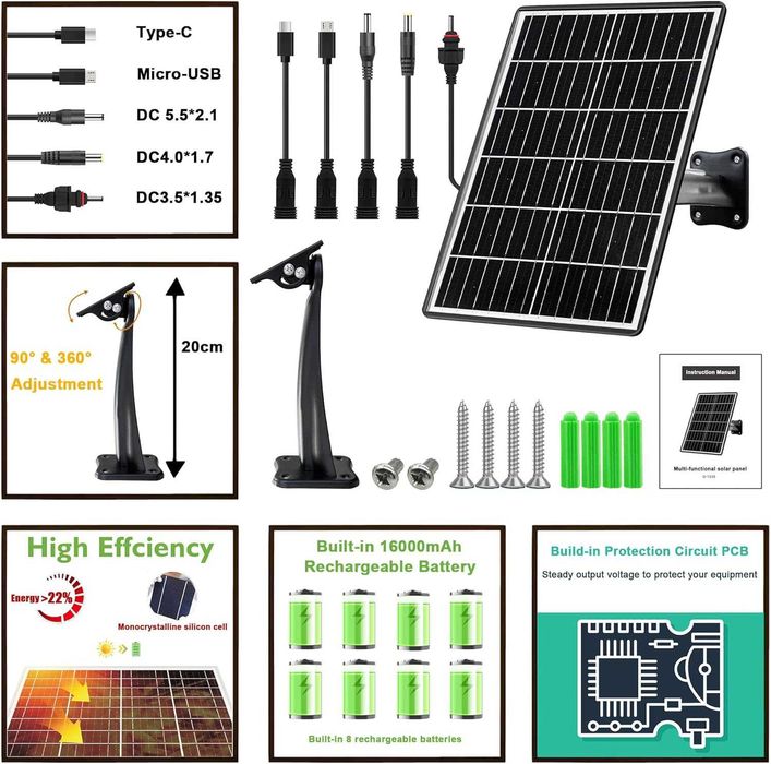Kit de painel solar de 15W com bateria integrada de 16000mAh, Tensão: 5V/6V/9V/12V