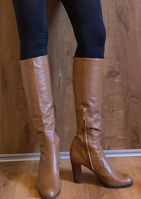 Jasnobrązowe karmelowe wysokie kozaki na wysokim obcasie Ballin 37