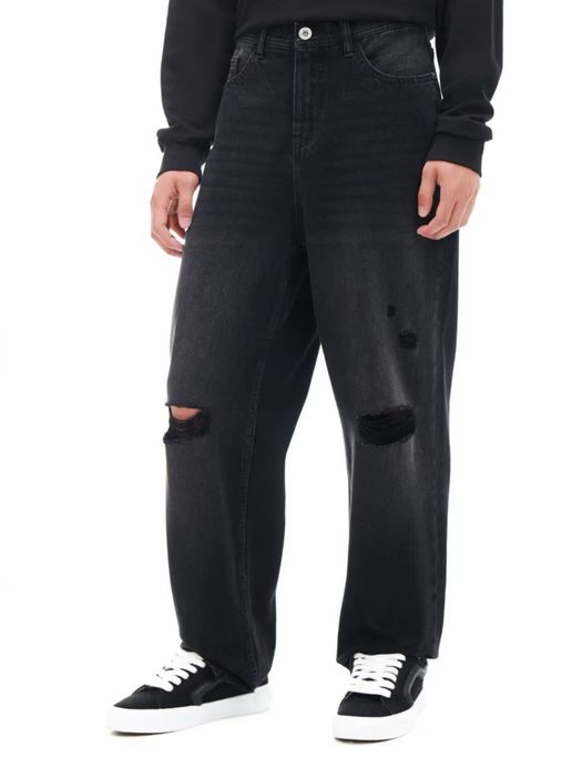 Nowe czarne męskie spodnie jeansowe z dziurami loose baggy Cropp denim