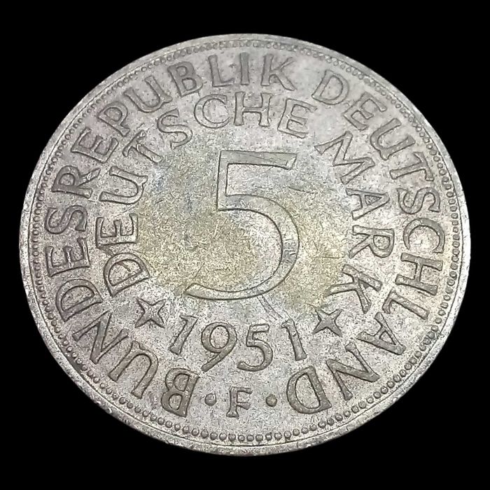 Moeda Prata 5 Deutsche Mark 1951 F - Alemanha (Estugarda)