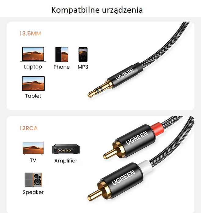 Kabel Przewód Audio Głośnikowy Aux 3,5 mm do 2RCA