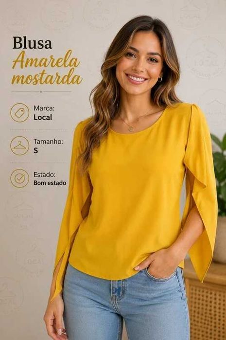 Blusa Amarela com Mangas Longas em Folho/Efeito Capa – Tamanho S